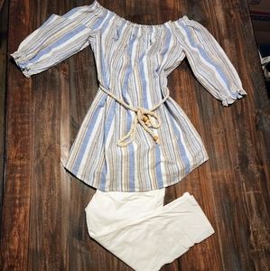 Sweet Wanderer Off The Shoulder Shirt With White Crop Leggings